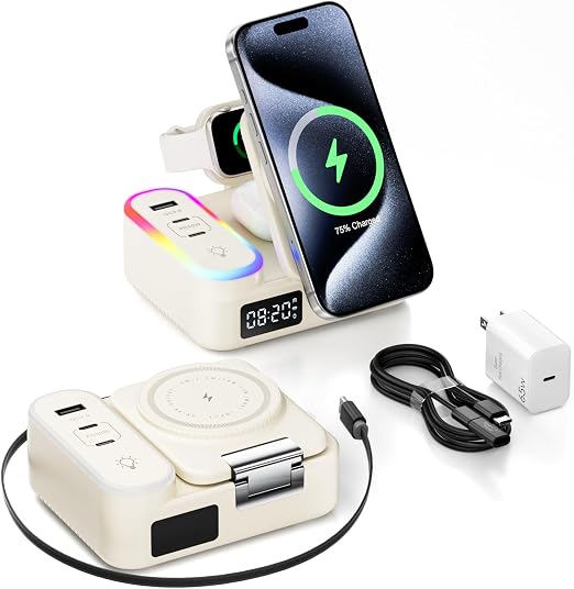 8-in-1 Foldable Wireless Charging Station for Apple Devices with Clock, 65W