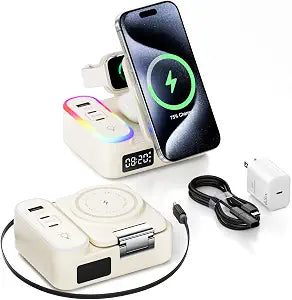 8-in-1 Foldable Wireless Charging Station for Apple Devices with Clock, 65W
