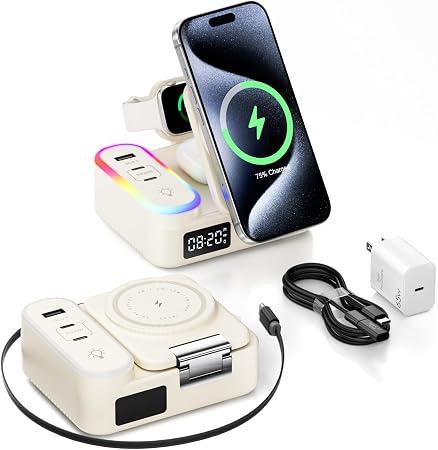 8-in-1 Foldable Wireless Charging Station for Apple Devices with Clock, 65W