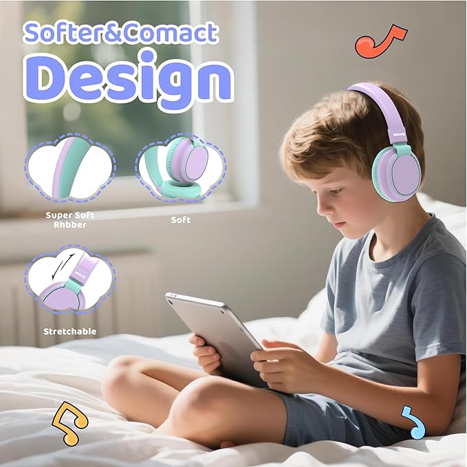 MIDOLA Kids Headphones Wireless Bluetooth 5.4 68H Play Time Volume Limit 85/94dB Over-Ear Foldable Headset,Type-C Fast Charging,with Wired Aux Mic for Toddler Boy Girl Pad Tablet Light Purple