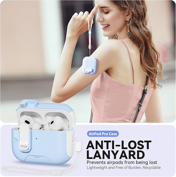 for AirPods Pro Case with Phone Stand,Secure Lock Cases Compatible with Airpods Pro 2nd/1st Generation, Drop-Proof Cover with Cleaner and Lanyard for Women Girly (Sky Blue)