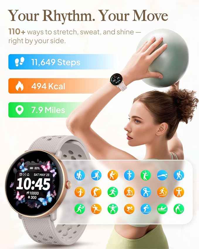 Smart Watch for Women Men, for Android iOS with Sleep & Calorie Monitor, Pedometer Fitness Tracker, Bluetooth Call, IP68 Waterproof, 112+ Sport Modes Round Face Smartwatch (Gold-Pink)