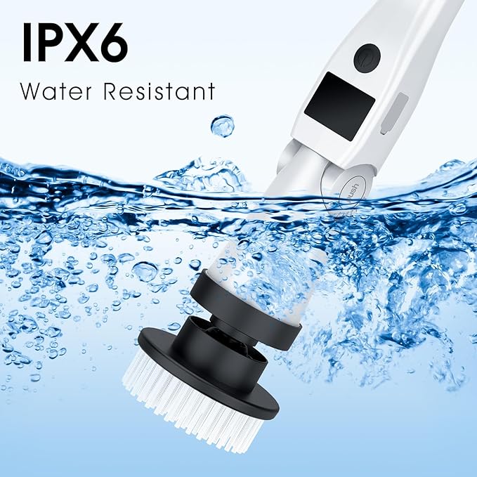 Electric Spin Scrubber Shower Scrubber with Long Handle & 3 Speeds, Rechargeable Cordless Power Scrubber Spin Brush for Cleaning Bathroom, Tub, Floor, Tile（Black-Beige