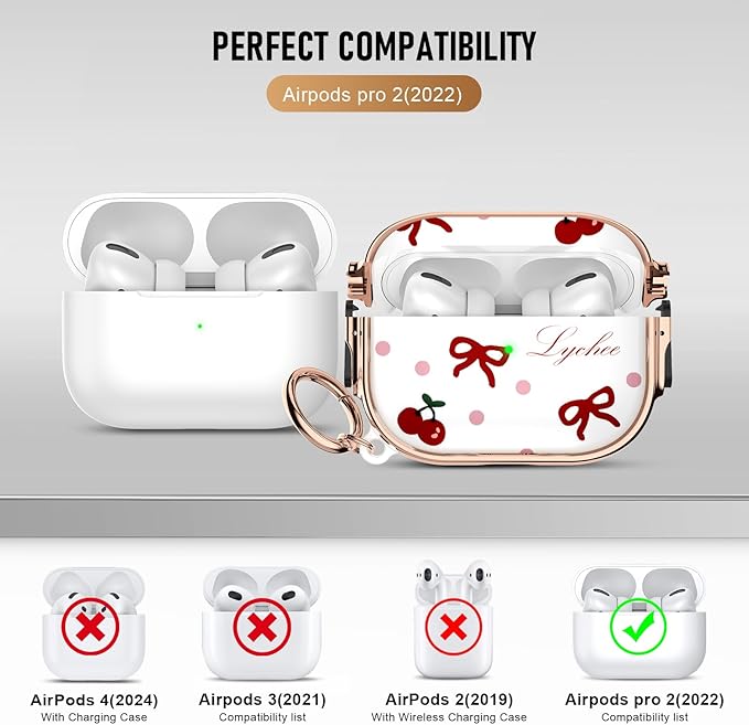 Maxjoy for Cute Airpods Pro 2 case with Safety Lock,Compatible Airpods Pro Case 2nd/1st Gen,Compatible Red Bow Cherry AirPods Case Cover for Women Girly with Keychain-Transparent