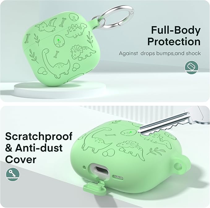 Maxjoy for AirPods 4 Case, Engraved Silicone Cute AirPod 4 Case for Women Men Protective iPod 4 Cover with Keychain Cleaning Kit for AirPod 4th Generation Cover 2024, Dinosaur Matcha
