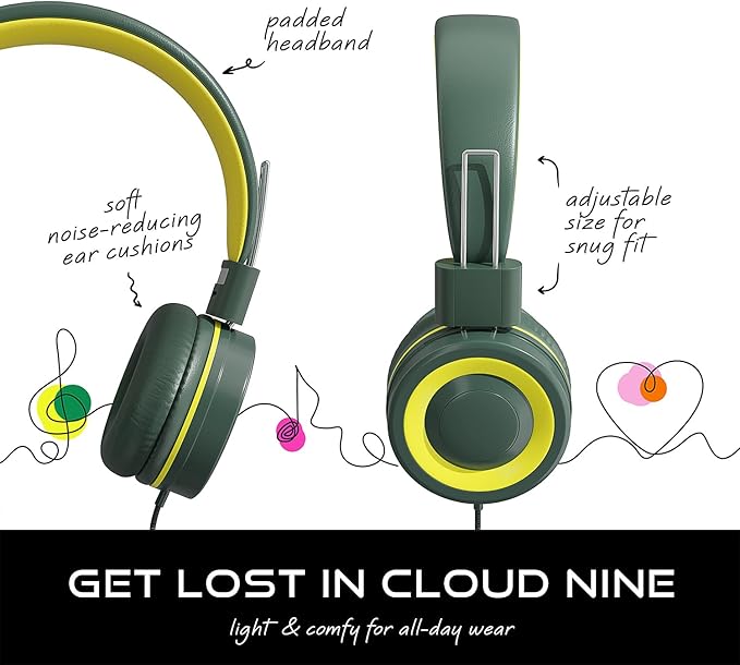 MYZI Kids Headphones with Cord, Foldable Over Ear Headphones for Kids with Microphone, Tangle-Free Wired 85dB Safe Volume Toddler Headphones for iPad, School, and Airplane – Green