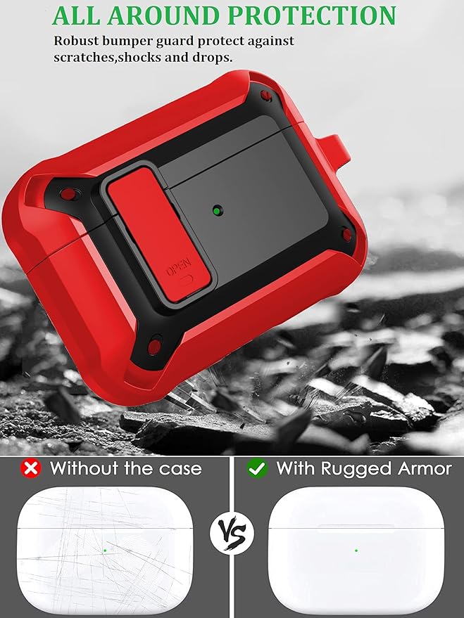 for Airpods Pro 2/1 Gen Case Cover with Lock (2019/2022/2023), Rugged Locking Case for Airpod Pro 2nd/1st Generation Shockproof Armor Protective Skin for Apple iPod Pro - Red/Black