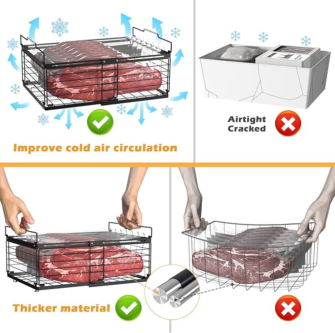 NADAMOO Freezer Organizer Bins, 4 Packs Large Expandable Stackable Chest Freezer Containers with Handle, Metal Adjustable Storage Baskets for Fridge, Deep Freezer, Cabinet, Kitchen, Pantry - Black