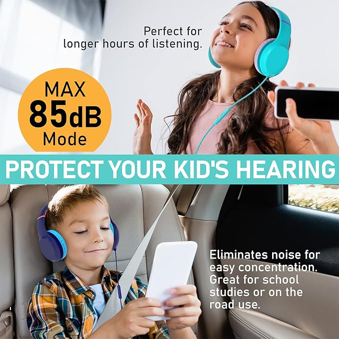 FosPower Kids Headphones with 3.5mm Laced Cables, Children & Teens Over The Ear Foldable Adjustable Headset w/Built-in Mic for Smartphones/PC/Tablet/Laptop/School (Max Volume 85dB) - Blue