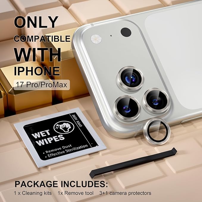 Misea Compatible for iPhone 17 Pro/iPhone 17 Pro Max Camera Lens Protector, Ultra-HD Tempered Glass Camera Cover Screen Protector Metal Individual Ring Protector Decoration Accessories, Natural Titanium