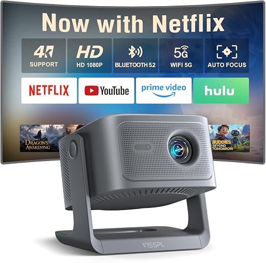 【Now with Netflix & 3000 ANSI】Smart 4K Projector with WiFi and Bluetooth, VISSPL 3D Dolby Audio and Auto Focus Portable Outdoor Projector, Movie Home Theater Projectors for Bedroom/Ceiling