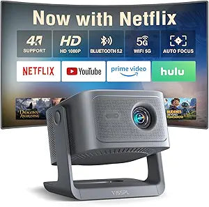 【Now with Netflix & 3000 ANSI】Smart 4K Projector with WiFi and Bluetooth, VISSPL 3D Dolby Audio and Auto Focus Portable Outdoor Projector, Movie Home Theater Projectors for Bedroom/Ceiling