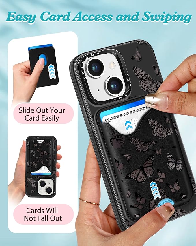 Toycamp for iPhone 14 Case, for iPhone 13 Case - Compatible with Magsafe Credit Card Holder Wallet Magnetic Cute Women Teen Girls Kawaii Girly Black Butterfly Design Phone Cover for iPhone 14/13
