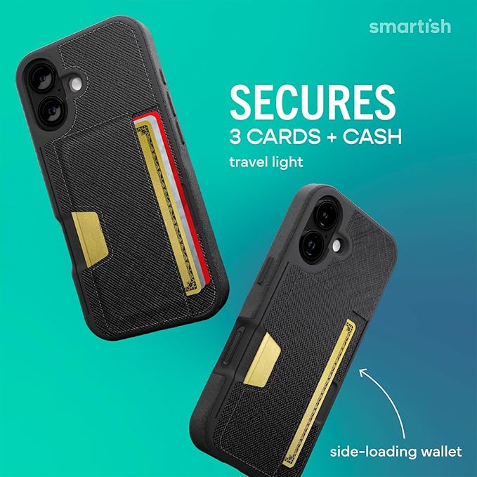 Smartish® iPhone 17 Wallet Case + Crossbody Lanyard Strap - [Slim + Protective] Phone Case Credit Card Holder + Universal Detachable Shoulder Neck Strap for Apple iPhone 17 - Black Tie Affair