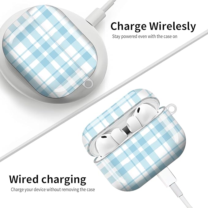 Compatible with AirPod Pro 3 (2025),Cute Case Cover for Women & Men, Full Protection Shockproof Hard Case with Keychain, Wireless Charging Case Accessories(Blue Gingham)