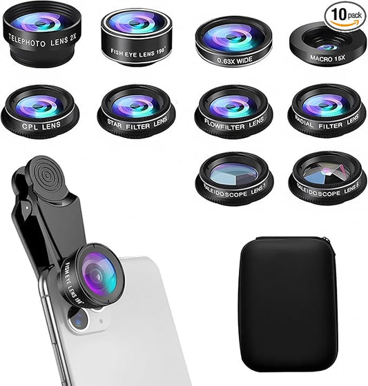 10 in 1 Phone Camera Lens Kit Compatible with iPhone & Samsung and Most of Smartphone - Wide/Macro/Telephoto/Fisheye + CPL/Star Filters, for iPhone & Android, HD Pouch Universal Phone Lens Clip