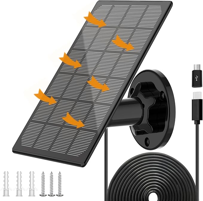 Solar Panel for Outdoor Camera, IP66 Waterproof Solar Charger, Continuous Solar Power Supply for Security Cameras, with 10ft Cable Type-C Port & Micro USB Adapter Solar Panel, 360° Adjustable Bracket