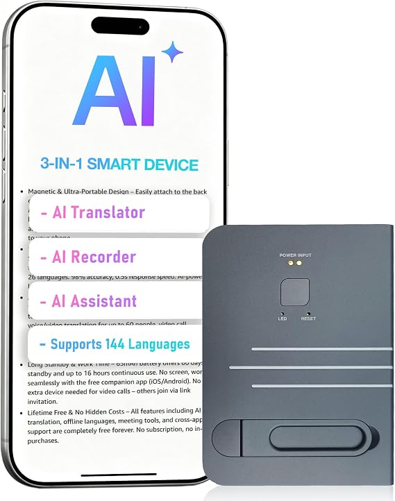 Magnetic Translator, ChatGPT AI Real-Time Translator with 144 Languages, AI Voice Recorder & Smart Assistant, AI Meeting Notes, Magnetic for Phone, No Subscription, Lifetime Free