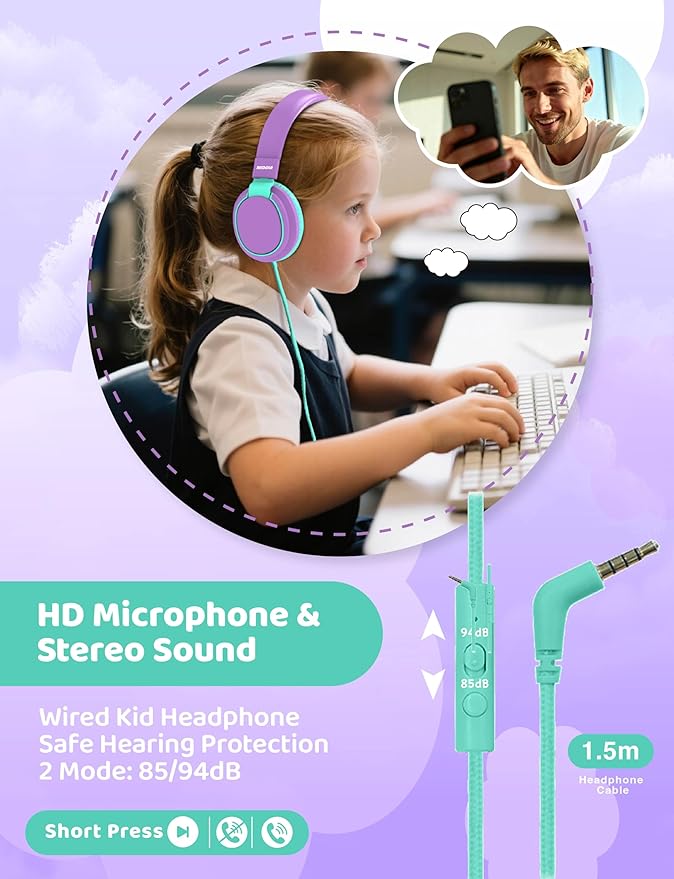 MIDOLA Kids Headphone Wired Volume Limited 85/94dB Over-Ear/On-Ear Foldable Headset with Microphone Hearing Protection Headphones for Toddler Boy Girl Child School Learning Pad Tablet Purple