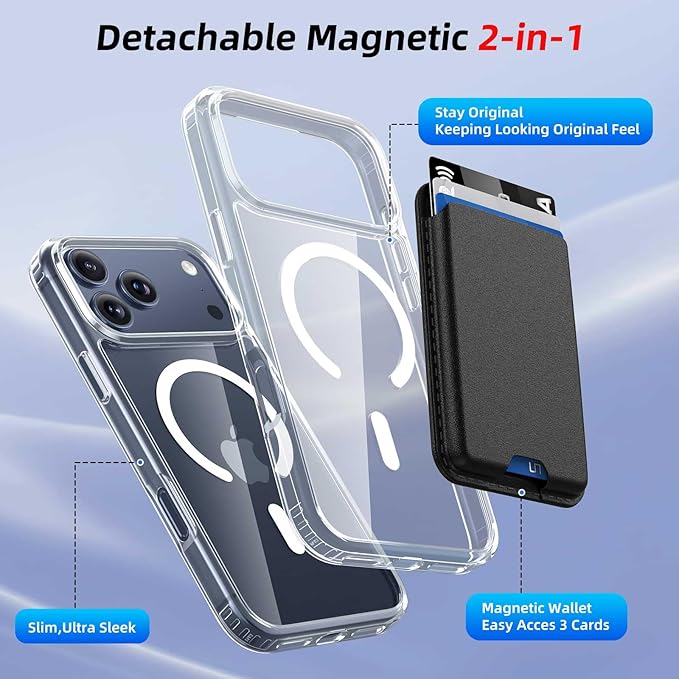 Magnetic for iPhone 17 Pro Max Clear Case with Black Detachable Wallet, Compatible with MagSafe, Credit Card Holder with Slim Shockproof Protective Phone Cover