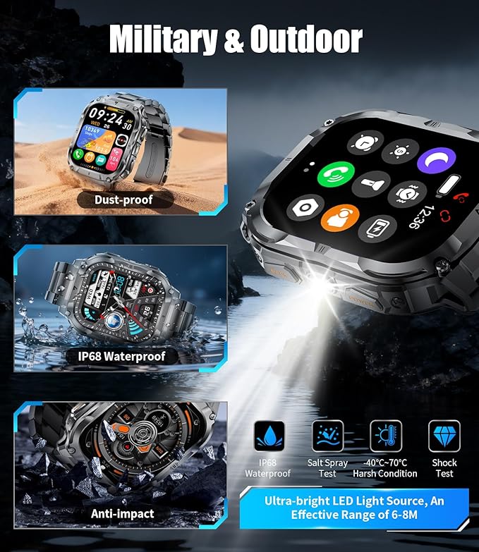 Military Smart Watch for Men(3 Bands),1000mAh/2 HD Large Screen Smartwatch, Flashlight/110+ Sports Modes, Fitness Tracker Watch for Android iOS,Black