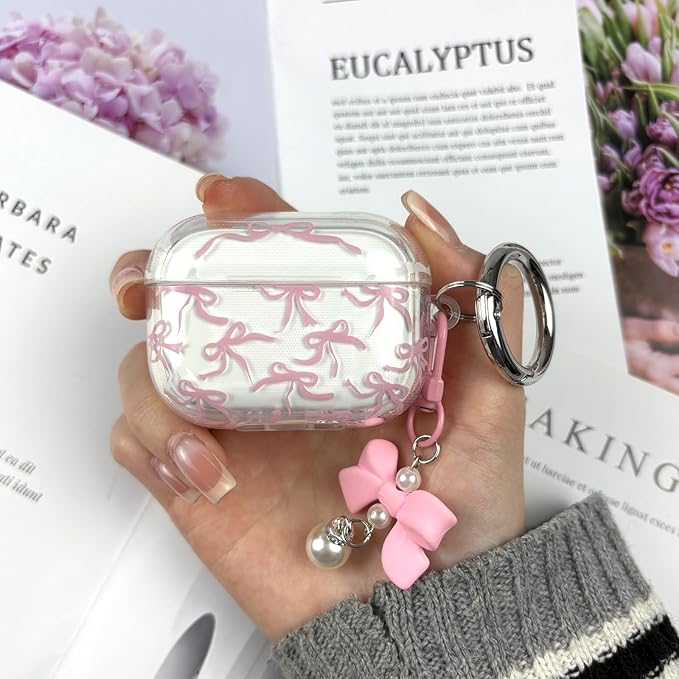 Compatible with AirPods Pro 2 Case Cover 2022, Soft TPU with Cute Flower Pattern for AirPods Pro 2nd/1st Generation Case with Flower Keychain and Carabiner for Girls Women (Pink Bow)