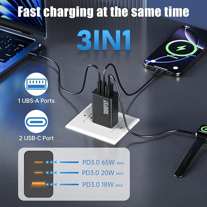 [2-Pack] USB C Wall Charger 3-Port,100W GaN Multiport Fast Charging Charger Block, PD+QC Power Adapter Plug for iPhone 17 Air/16/15/14/13/Pro Max/XS/XR, MacBook Pro/Air,iPad, Samsung S25/S24, and More