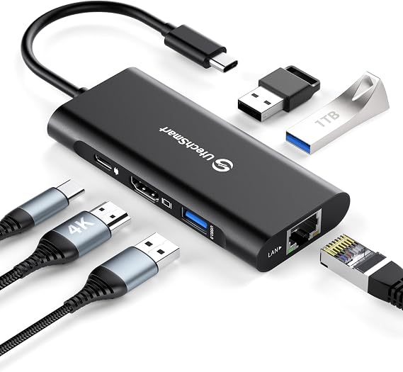 UtechSmart USB C Hub,Ethernet Multiport 6 in 1 USB C to HDMI Adapter Black