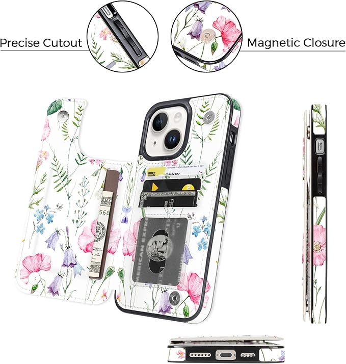 uCOLOR Compatible with iPhone 14/15 Plus 6.7" Wallet Case with Card Holder Slots Folio Flip PU Leather Kickstand Magnetic Clasp and RFID Blocking Cover (Pink Flowers)