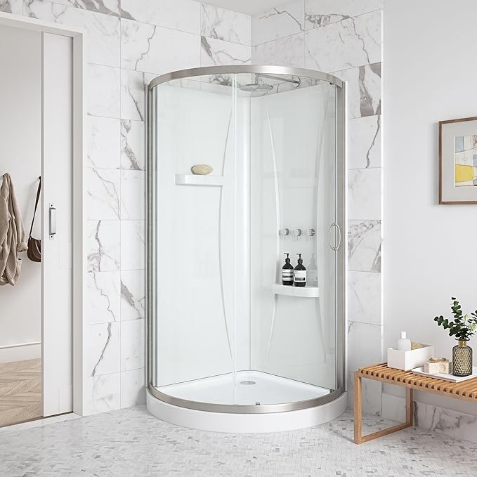 OVE Decors Breeze 36 in. Corner Shower Clear Sliding Door with Walls and Base in Satin Nickel Finish