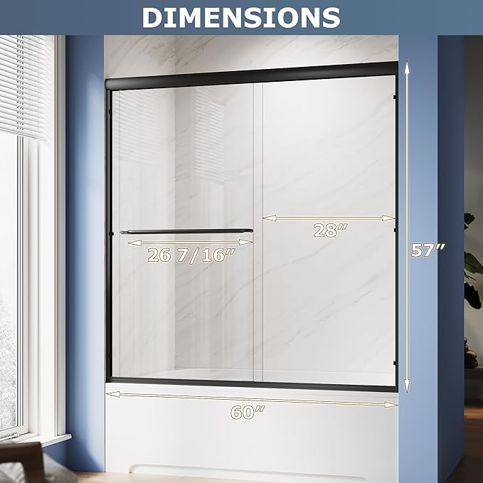 SUNNY SHOWER Double Sliding Glass Door 60" W x 57" H Shower Door 1/4" Tempered Glass Sliding Door Semi-Frameless Shower Glass Enclosure Bypass Walk in Shower Cabin, Matte Black