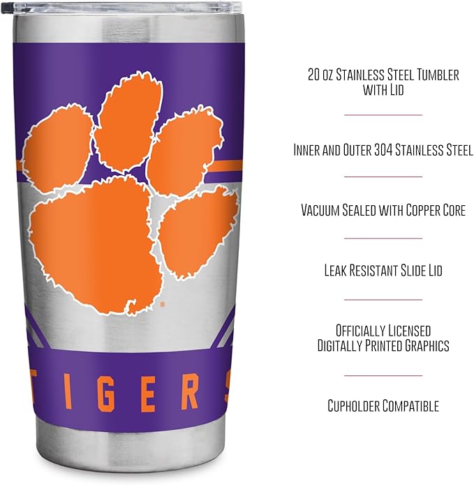 Rico Industries NCAA 20oz Stainless Steel Tumbler with Lid - Great For Coffee, Tea, Water or Cocktails