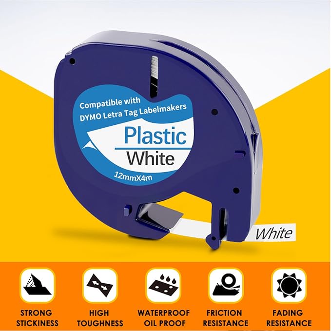 5 Pack Compatible with Dymo Letratag Refills 91201 91331 S0721660 Label Maker Tape White Plastic 12mm x 4m 1/2" x 13', Work with Dymo Letra Tag LT-100H LT-100T Plus 200B QX50 XR XM 2000