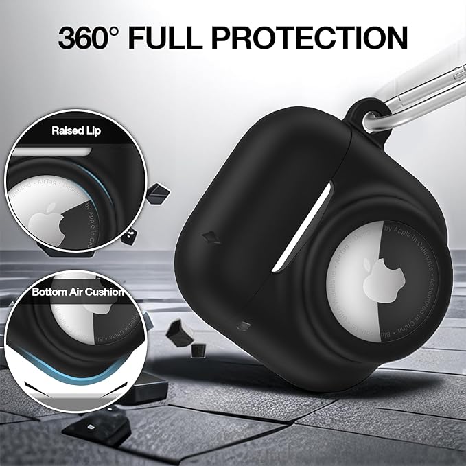 2 in 1 Silicone Case Compatible with AirPod 4 and AirTag 2/1, Shockproof Protective Skin Cover for AirPods 4th Generation with Cleaner Kit & Carabiner (Black)