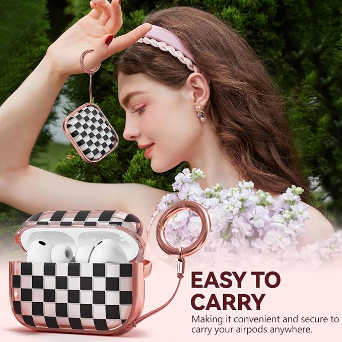 Inesore for AirPods Pro 3 Case 2025 with Lock, for Women Girly Floral Cute Case Compatible with Apple Airpods Pro 3rd Generation Cover, with Phone Stand,Keychain & Cleaner Kit- Checkerboard