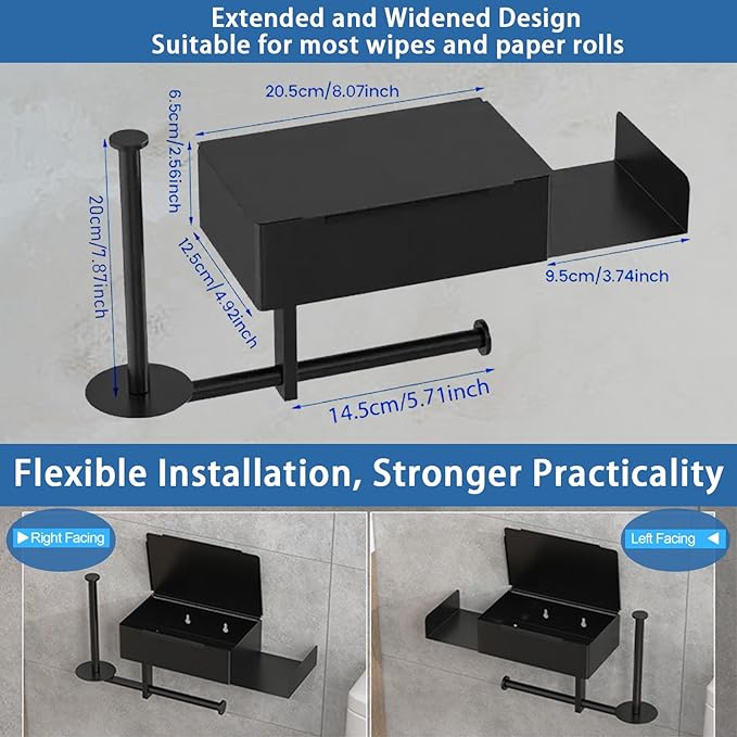 Toilet Paper Holder with Shelf, Flushable Wipes Dispenser Fits, SUS304 Stainless Steel Wall Mount Toilet Paper Roll Holder, Matte Black Toilet Paper Holder with Shelf 3-Roll Capacity