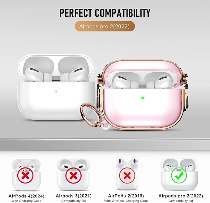 Maxjoy for Cute Airpods Pro 2 case with Safety Lock,Compatible Airpods Pro Case 2nd/1st Gen,Compatible Plating Solid Color AirPods Case Cover for Men Women Girly with Keychain-Transparent Pink