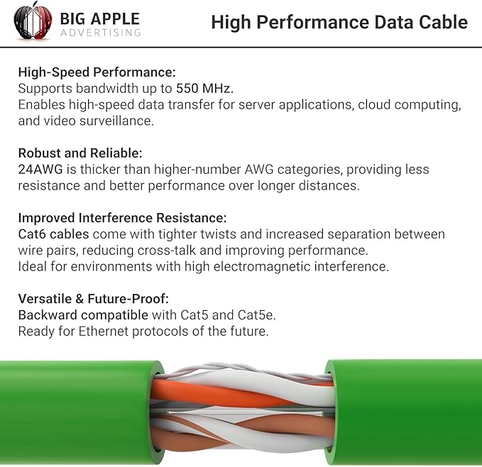 Big-A - Bulk Cat6 Cable 1000ft 23AWG Solid 4 Pair, Cat 6 Ethernet Cable Unshielded Twisted Pair (UTP), (CMR) 550MHz Internet Cable, Pull Box - Green