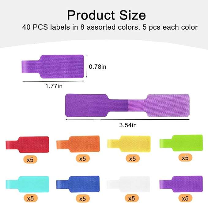 40 Pcs Multi Color Cord Labels Tags, Writable Rectangular Wire Labels for Electronics, Computer & Industrial Cable Management and Identification, Durable Cable Tags in 8 Assorted Colors(1.77" x 0.78")