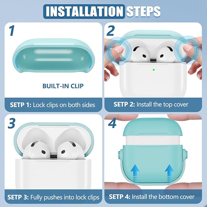 with Safety Lock for Airpods 4 Case, TPU Case for Apple Airpods 4 Case 2024 USB-C with Cleaner Kit, Drop Protection Airpods 4 Case Cover with Lock and Keychain, Mint Green
