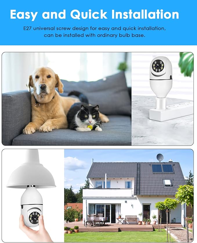 Light Bulb Security Camera Wireless Outdoor Indoor 2.4G WiFi Security Cameras for Home Security 360° PTZ Camera Motion Detection and Alarm Two-Way Audio Based E27 Light Bulb Socket