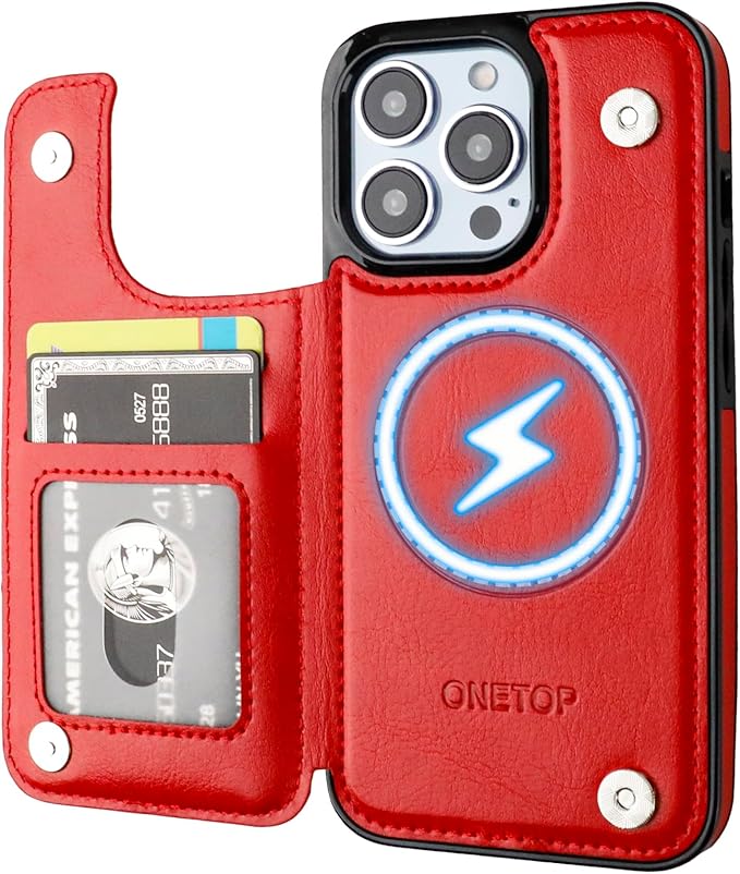 ONETOP Compatible with Magsafe for iPhone 13 Pro Wallet Case with Card Holder, PU Leather Kickstand RFID Blocking Case, Double Magnetic Clasp and Durable Shockproof Cover 6.1 Inch (Red)