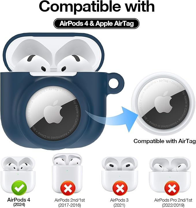 2 in 1 Silicone Case Compatible with AirPod 4 and AirTag 2/1, Shockproof Protective Skin Cover for AirPods 4th Generation with Cleaner Kit & Carabiner (Dark Blue)