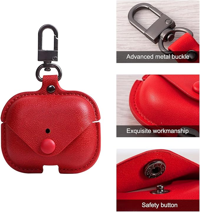 Genuine Leather Case Compatible with AirPods Pro Case 2nd/1st Gen (2023/2022/2019), VOMA Protective Cover for Apple AirPods Pro 2/Pro Wireless Charging Case with Keychain and Snap Lock Red