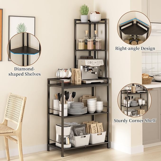 GILLAS 5 Tier Corner Shelf Stand, Freestanding Corner Shelf Unit Bookshelf, Corner Table with Shelf, Tall Storage Organizer Rack for Living Room, Bedroom, Office (Black)
