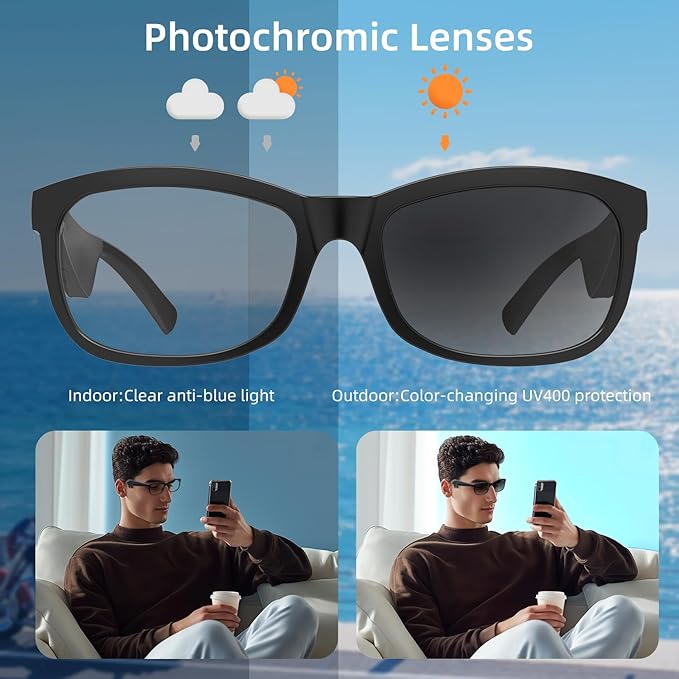 Smart Glasses | Bluetooth Glasses | 34g Ultra-Light Frame for Daily Use | Hands-Free Calls, Music & Voice Control | 8-10H Battery USB-C Charging(Photochromic Clear Lenses)