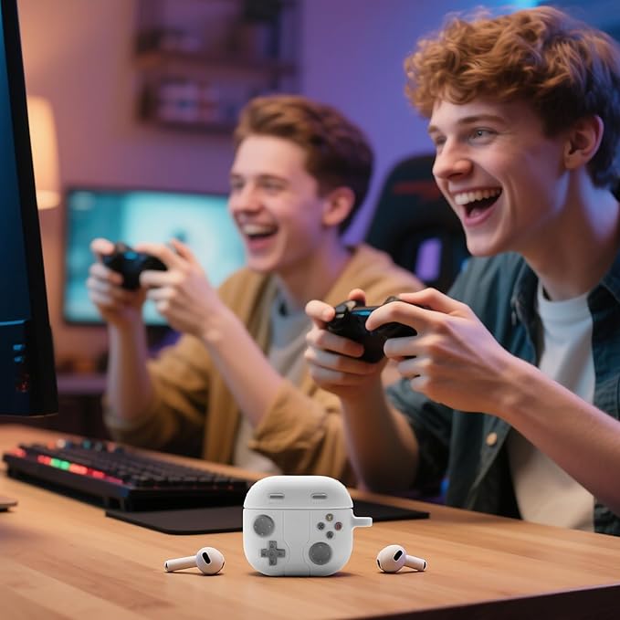 for AirPods 4 2024 Case Cover with Cleaner Kit, Keychain, Compatible with Apple Airpods 4 Case Cover, Cute Funny Game Console Shock-Proof Protective Silicone AirPod 4 Case Covers for Men Boy-White