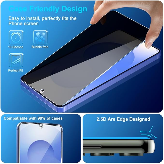 3 Pack Privacy Screen Protector for Samsung Galaxy S26 Tempered Glass + 2 Pack Camera Lens Protector, True 25°Anti Spy, 9H+ Hardness, Fingerprint Unlock, Case Friendly Bubble-Free 6.9 Inch