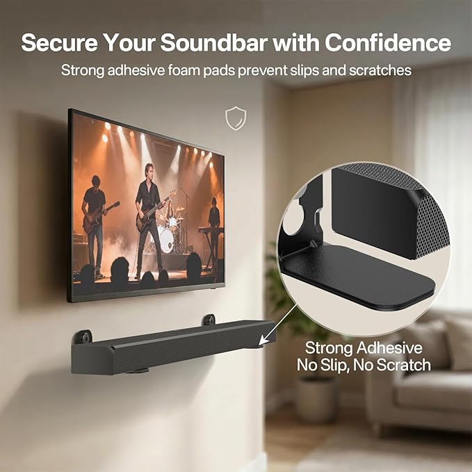 notiela Universal Soundbar Wall Mount Bracket for Soundbars Up to 4" Deep, Heavy Duty Metal Sound Bar Shelf Under TV Holds Up to 20 lbs Easy to Install