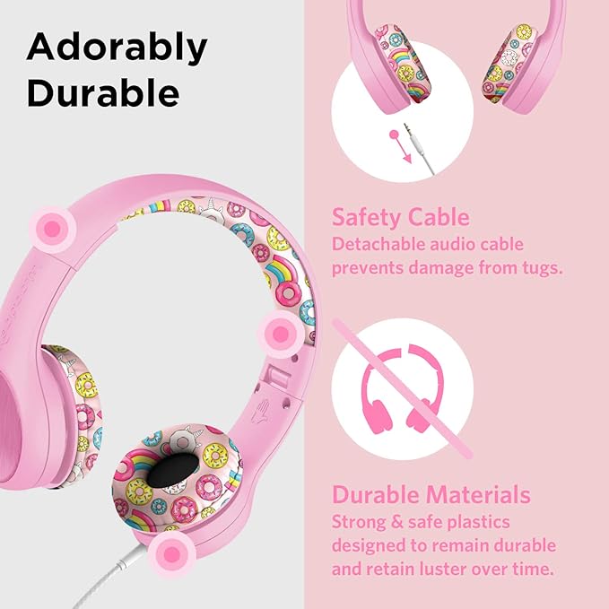 LilGadgets Girls Wired Headphones - Pink Doughnut On-Ear Ages 3+ - Built-in Mic & SoftTouch Padding - SharePort Audio Sharing - Detachable Braided Cable & Volume-Limiting Safety